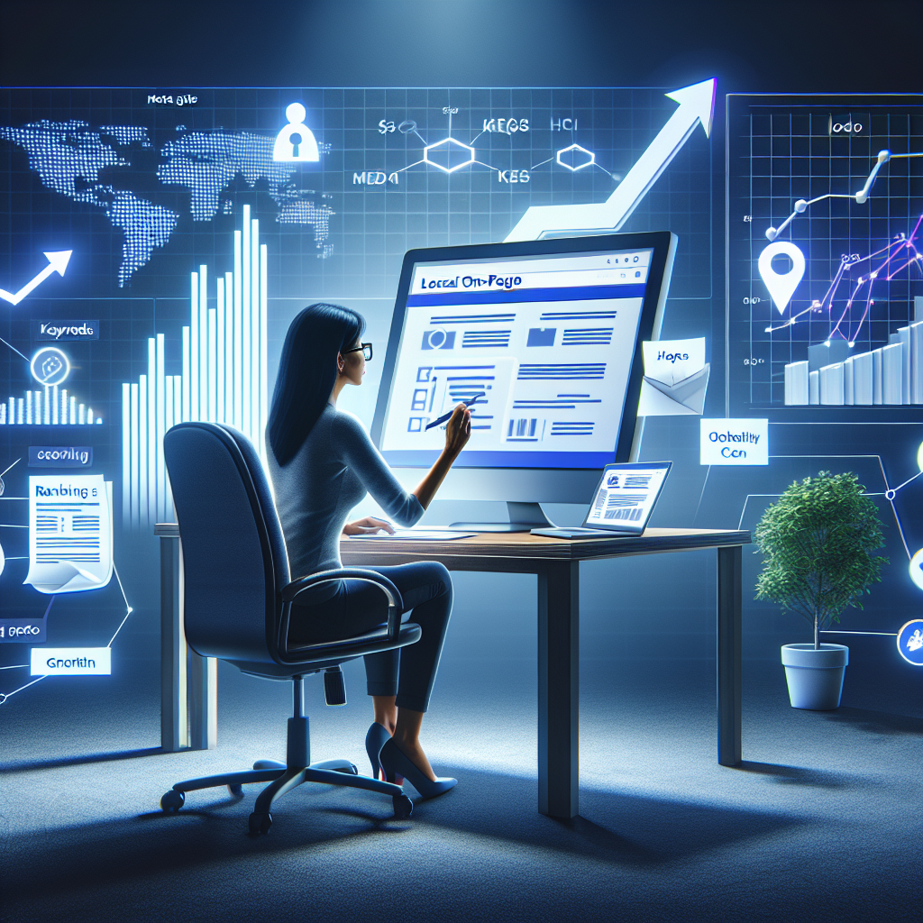 A visual depiction of Local On-Page SEO and its immense benefits. In the foreground, a South Asian woman is effortlessly adjusting SEO settings on a large computer screen showing a well-optimized website. Graphs and data report paper sheets are displayed on one side, representing the significant improvement in website optimization. She is surrounded by symbolic SEO elements like keywords, meta tags, and high-quality content displayed as icons. In the background, ranking growth charts and a pinpointed map indicate the local reach of the SEO tactics. The overall atmosphere should illustrate the simplicity and importance of Local On-Page SEO optimization.