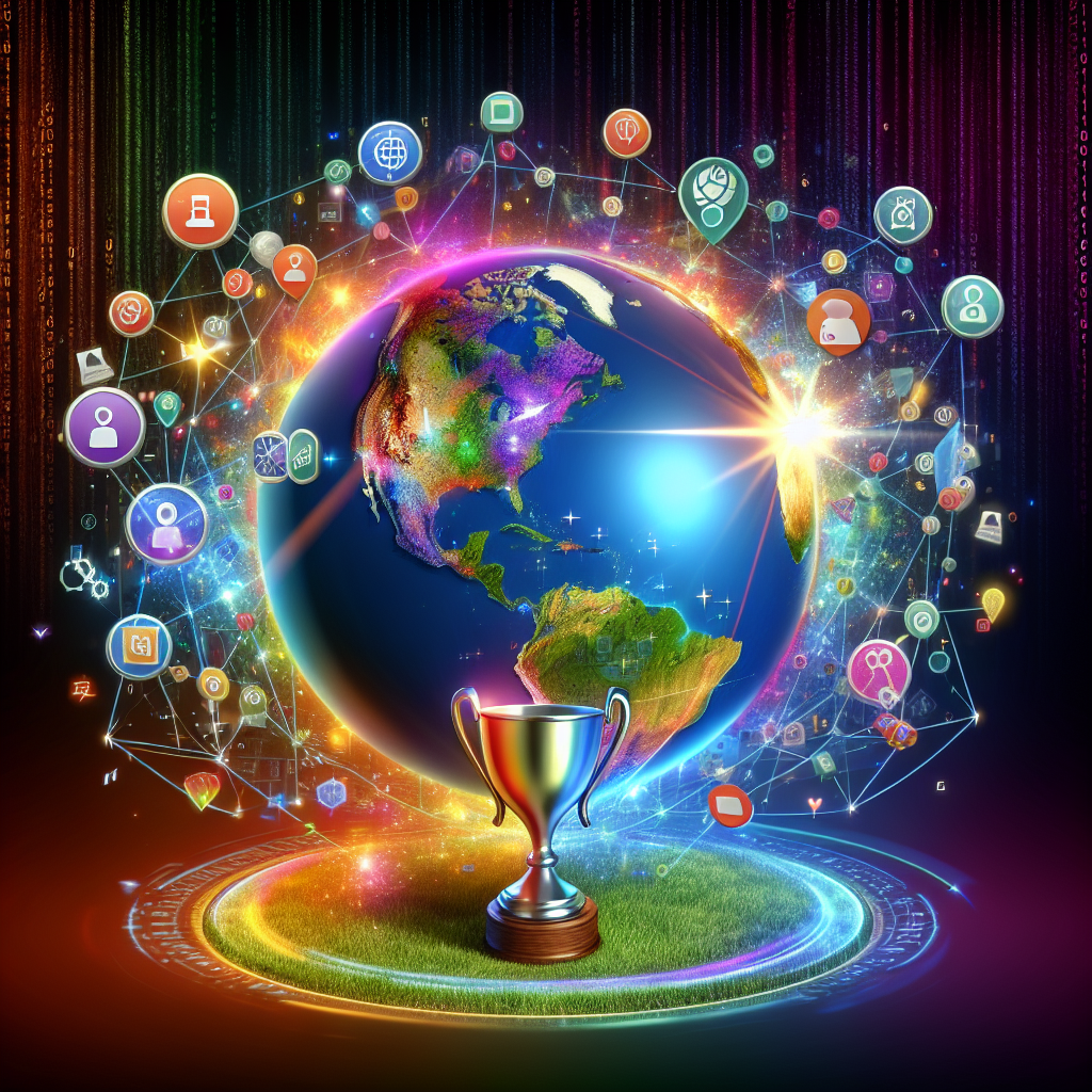A colorful and visually appealing digital artwork that demonstrates the concept of Local Landing Pages SEO strategies for effortless success. The image features a large, vibrant globe representing the internet, with specific points highlighted to denote local areas. Around the globe, there are various SEO elements like keywords, backlinks, and meta descriptions, shown as icons orbiting the globe like satellites. There is also a visible digital path, appearing like a roadmap leading to a shining trophy, which symbolises success. Optionally, include faint background binary code to represent the digital nature of the subject.