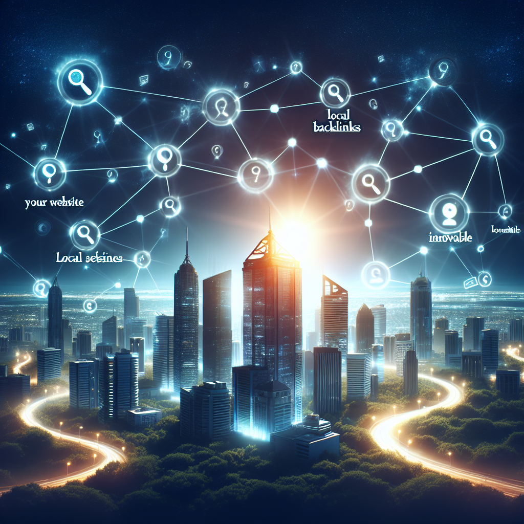 Illustrate an image of a city seen from above, with the buildings connected by glowing lines symbolizing backlinks. The glow emanates from a central skyscraper labeled 'Your Website', representing the local business. The lines connect to smaller buildings labeled 'Local Backlinks', showcasing the concept of SEO strategy. Scatter several floating icons including magnifying glasses, check marks and light bulbs around the scene to symbolize search, validation and innovative strategies respectively. Include a rising sun on the horizon, indicating top results achievable with these tactics.