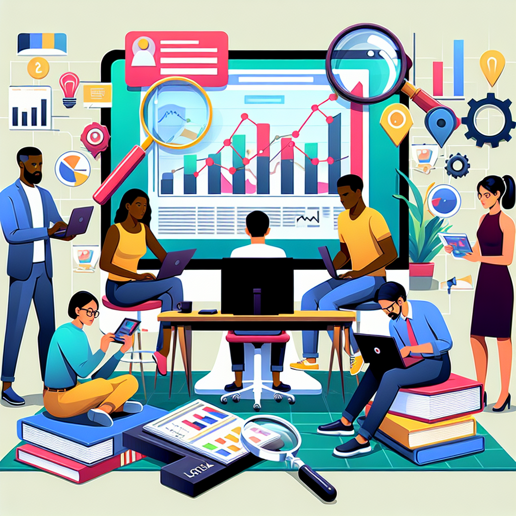 Illustrate a digital image that portrays the main idea of an article titled 'Local SEO Analytics: Essential Tips to Effortlessly Track Local Rankings'. The picture should include a diverse set of entrepreneurs, including a Black male, Asian female and Hispanic male, all huddled around a computer screen displaying graphs and bar charts of website analytics. Surrounding the computer should be essential SEO tools like a magnifying glass hovering over a local map, a checklist with 'SEO Strategy' written at the top, and left behind, a pile of books with titles pertaining to SEO and internet marketing. Use a vibrant color scheme to reflect the dynamic nature of the topic.