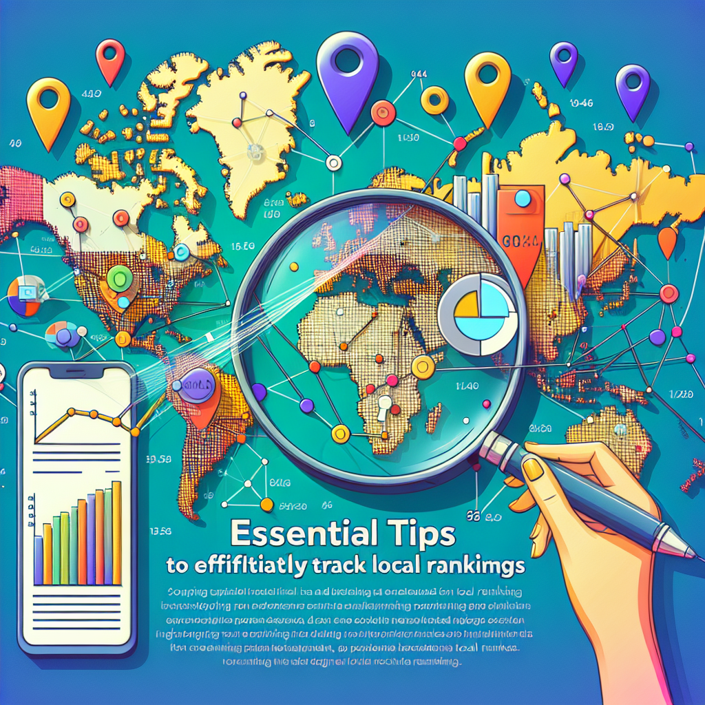Imagine a detailed and informative image for an online article regarding Local SEO Analytics. There are several prominent elements, such as a large geographical map on the backdrop. Dots representing different local areas are connected with colorful lines indicating various rankings. The foreground includes a magnifying glass focusing on specific areas, reflecting higher SEO ranking. On the right side there's a hand holding a digital pen, where it's sketching graphs and data configurations to represent local tracking. There's a banner displaying 'Essential Tips to Effortlessly Track Local Rankings'. The colors used are bright and attention-grabbing, while maintaining a professional appearance.