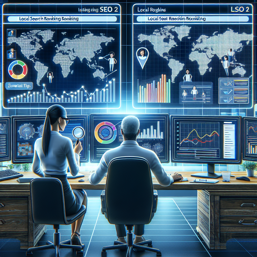 A detailed depiction of a digital workspace where a Caucasian woman and a Middle-Eastern man, both in professional attire, are examining local Search Engine Optimization (SEO) analytics on multiple monitor screens. Charts, diagrams, and graphs displaying local ranking data are on the screens. Around the room, there are posters with essential tips for tracking local rankings. One of the screens has a world map highlighting different regions. The general atmosphere is focused and analytical.