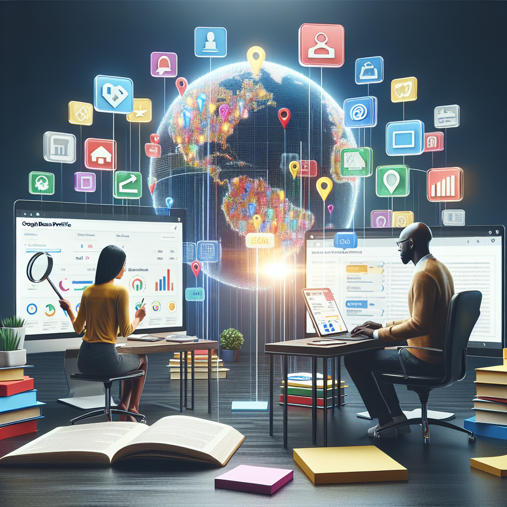 Visualize a digital marketing scene representing the process of Google Business Profile optimization. Show a light-skinned woman analyzing statistics on a large monitor while a Black man is making keyword adjustments on a laptop. They are in a modern office environment with strategically placed sticky notes containing SEO tips. Spread around them are several books and articles related to local SEO strategy. Include a large, translucent 3D map in the air above their workspace with different local businesses appearing as vibrant, colorful icons, indicating their improved visibility due to SEO optimization.