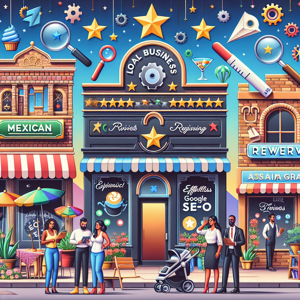 Visualize a vibrant local business scene with various establishments like a Mexican restaurant, an Italian bakery, and an Asian flower shop. Display engaging signage on their storefronts that reflect positive, five-star reviews. Amidst this, illustrate symbolic representations of Google's search engine optimization, such as magnifying glasses examining webpages, gears showing the optimization process, and arrows indicating a boost in rankings. Decorate the scene with the words 'Local Business Reviews' and 'Effortless Google SEO' in bold and stylish typography, suggesting the importance of reviews for boosting SEO strategy. A diverse range of business owners, a Caucasian male, a Middle-Eastern female and a Black male, are seen actively managing their businesses.