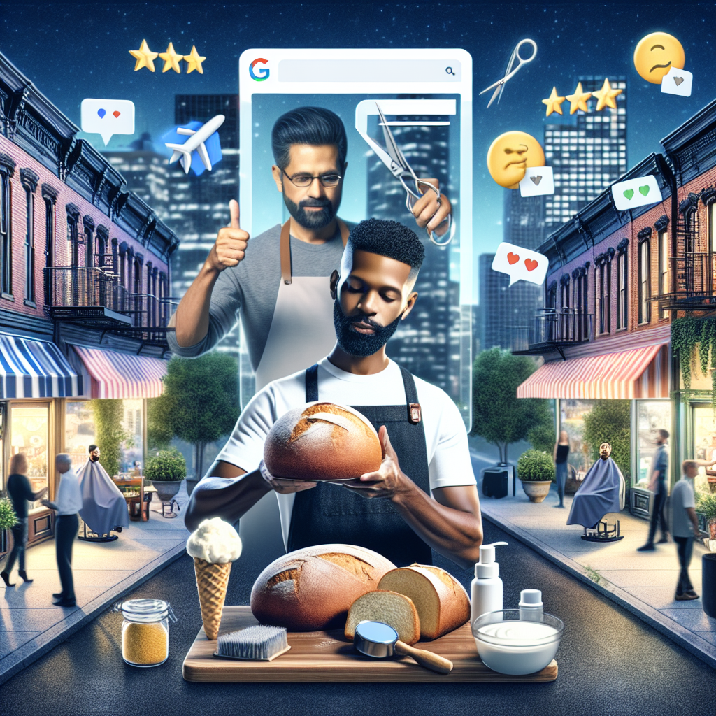 Visualize an urban street bustling with local businesses of varying types. A Black bakery owner posts a freshly baked loaf of bread online, reflecting the glowing reviews posted by satisfied customers. Meanwhile, a Hispanic male barber expertly trims a customer's hair, simultaneously uploading a before-and-after shot on his dedicated business page. To emphasize the importance of reviews, show floating stars, positive emojis, and digital thumbs-ups scattered across the cityscape. Highlight the Google logo subtly, indicating the importance of SEO for these successful local businesses. The visuals should resonate the effortlessness of achieving SEO strategy when it's effectively harnessed.