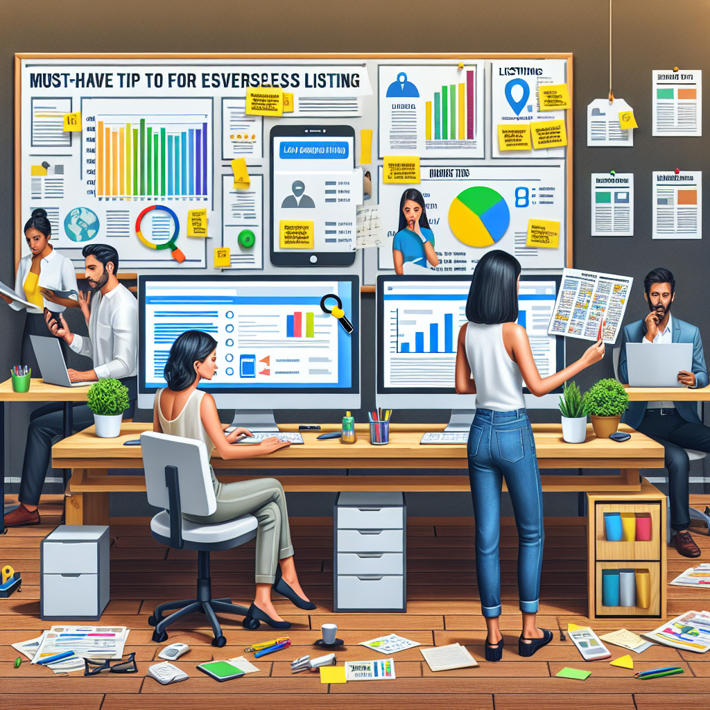 A well-organized office setting with a diverse group of individuals engaged in various activities. A Caucasian woman working on a computer with multiple screens, examining graphs related to local citations. Next to her, a Middle-Eastern man holding a checklist titled 'Must-Have Tips for Effortless Listings'. A bulletin board in the background displays different local business listings. Nearby, a South Asian woman is having a conversation on the phone, presumably with clients. Also, scattered around the room are various tools like pens, post-it notes, and business reports.
