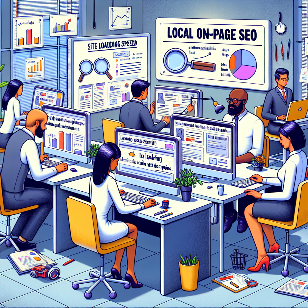 Visualize a detailed scene representing local on-page SEO optimization strategies. Picture a modern, bustling office where employees are working on their respective computers. One Caucasian male employee is thoughtfully placing appropriate keywords throughout a webpage layout displayed on his computer screen, while a Black female employee is increasing the site loading speed on hers. A Middle-Eastern male co-worker is working on creating meta descriptions, and a South Asian female colleague is creating user-friendly URL structures. Tools such as bar charts and magnifying glass representing data analysis are present in the background. On a whiteboard, written in big, bold letters is, 'Local On-Page SEO: Essential & Effortless Optimization Tips'.