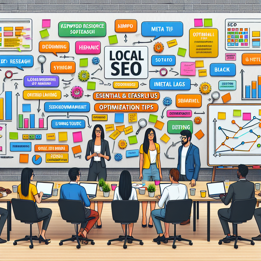 An image depicting a diverse group of three individuals of Hispanic, East Asian, and Black descent, wearing casual office attire, engaging in a brainstorming session about &lsquo;Local On-Page SEO&rsquo;. The room contains a long conference table filled with various colorful post-it notes, diagrams, and charts showing keyword research, meta tags, internal linking, and other SEO concepts. A large whiteboard on the back wall has 'Essential & Effortless Optimization Tips' written in bold letters. Some laptops and refreshments are also present on the table.