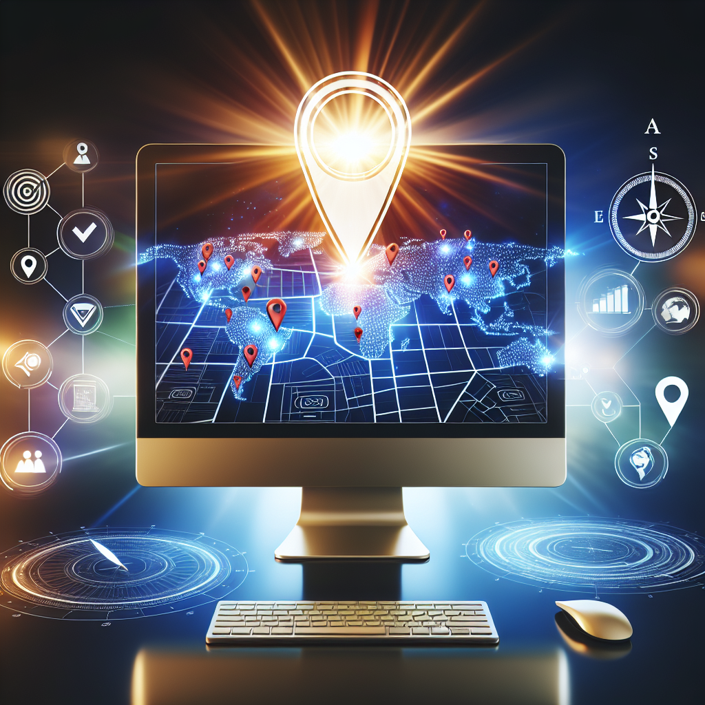 A visual representation of SEO strategies specifically for local landing pages. The image should depict a bright computer monitor that displays the outline of a local map with distinct location pins, symbolizing targeted locations. Around the map, incorporate images of SEO tools and symbols such as keywords, backlinks, and performance graphs. Cleverly incorporate a compass where the north symbol is replaced with a check-mark to represent the direction towards success. Add a background of radiant light, symbolizing the bright future of successful SEO strategy implementation.