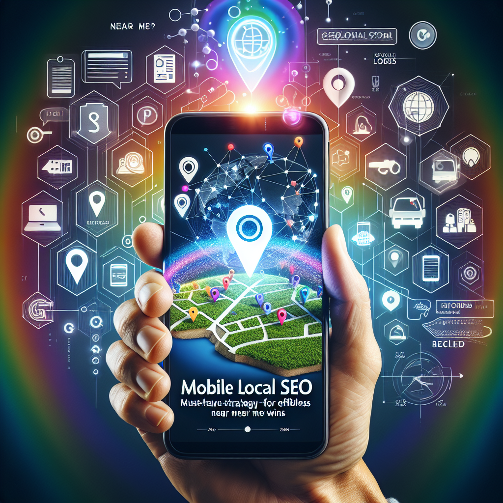Create a vibrant image that combines elements symbolic of local SEO and mobile technology. The image should be very detailed and include a smartphone displaying a map teeming with geolocation markers, signifying 'near me' searches. The smartphone is held by an Asian male hand. On the background, include search engine icons subtly colored with the spectrum of the rainbow, indicating diversity and inclusiveness in the tech world. Elements of the SEO process, such as keywords and backlink icons, are floating around the mobile phone. The title 'Mobile Local SEO: Must-Have Strategy for Effortless Near Me Wins' is prominently displayed at the top of the image.