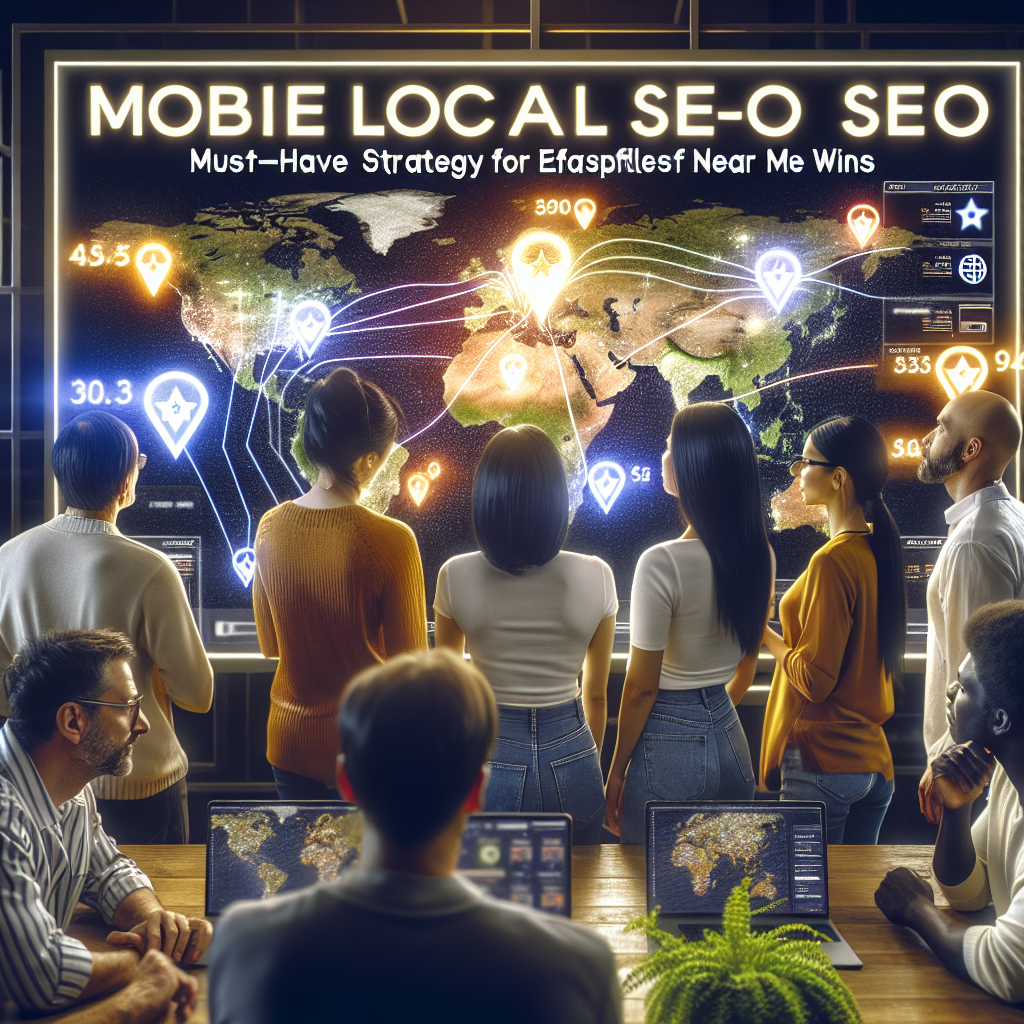 Create an image of a diverse group of people, including a Middle-Eastern man, a Hispanic woman, an Asian woman, and a black man, all focused on a big screen where they are navigating a digital map. The digital map features different local businesses with SEO scores popping up near them resembling rating stars. On top of the scene, the words 'Mobile Local SEO: Must-Have Strategy for Effortless Near Me Wins' is displayed, employing a futuristic font style and glowing effects. The setting is a modern, tech-inspired workspace with some plants for a touch of nature. The overall mood is focused and engaging.