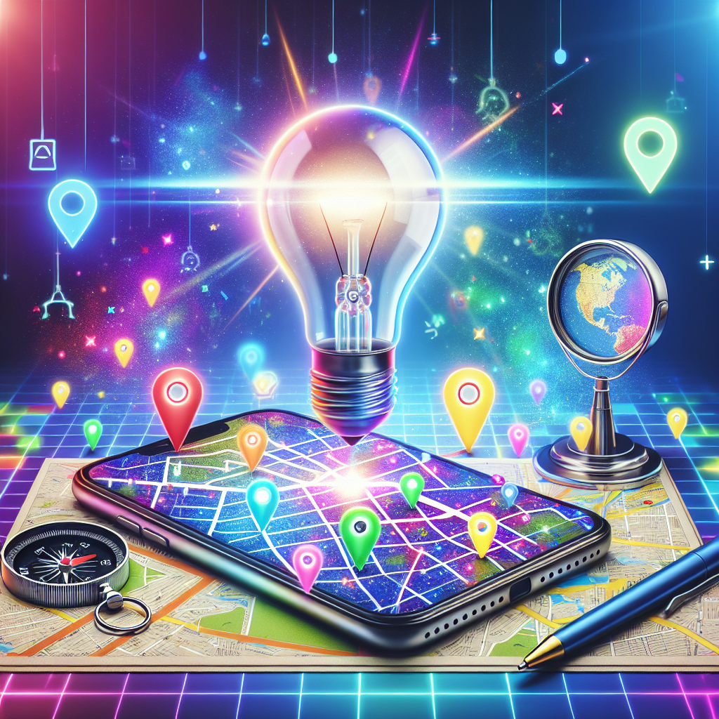 Picture an animated scene where a smartphone sits on a desk, its screen glowing to display a vibrant, interactive map dotted with numerous brightly colored, pinpointed locations. A massive light bulb, a symbol of stunning ideas, hovers above the smartphone, its glow enveloping the scene. A compass and a miniature magnifying glass are near it, magnifying some of the pinpoints on the map, symbolizing the focus on 'near me' searches. The background radiates with a mix of neon and pastel colors, hinting at the digital age and the ease of tapping into local SEO strategies.