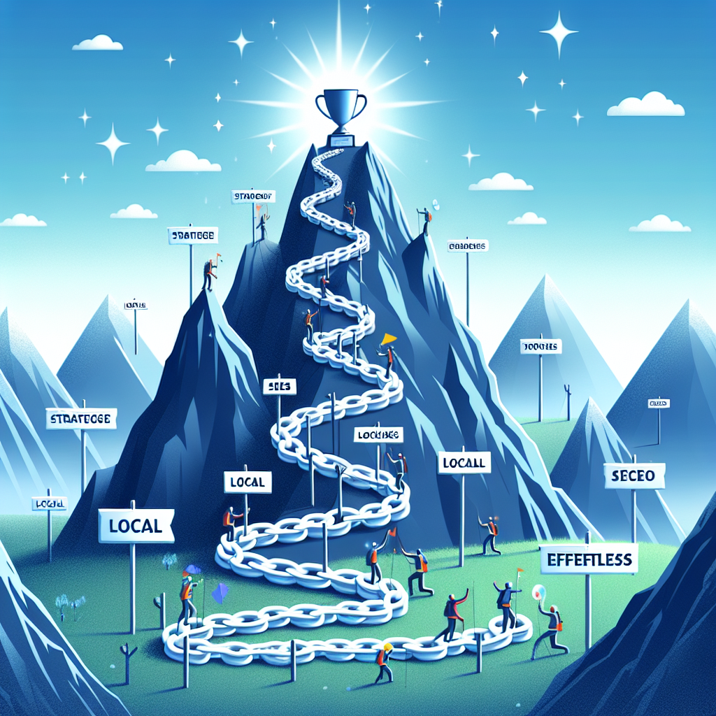 Depict a metaphorical image to illustrate SEO success through local backlinks. Show a path made of interlinked chains, signifying backlinks, winding its way up a steep mountain. At the mountain's peak, place a shining trophy, representing 'SEO success.' Along the path, add signposts marked with words like 'strategy', 'local', and 'effortless'. Scatter some climbers of different genders and descents along the path to symbolize the journey towards SEO success. The background should be a serene sky to create a contrast with the challenging path.