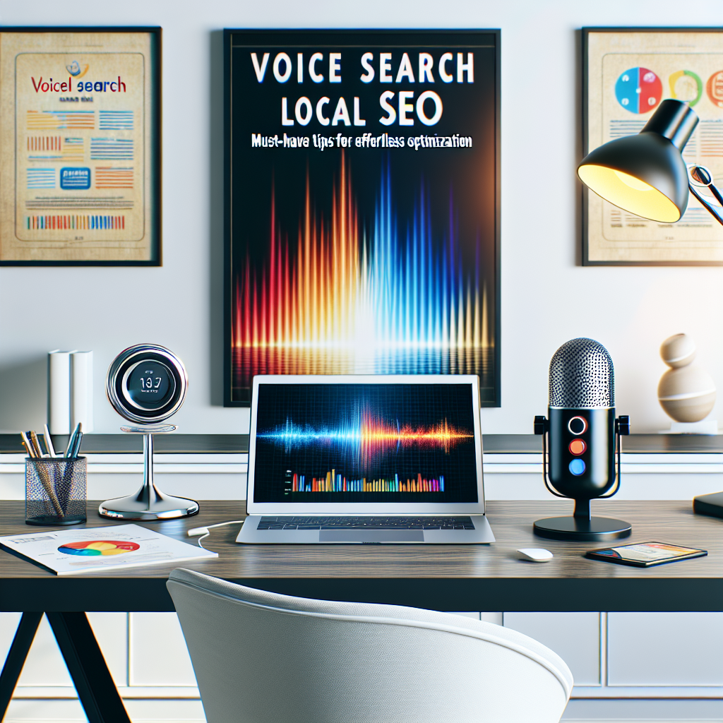 A SEO professional's desk with a device displaying a vibrant voice waveform on it. There is an open laptop on the desk with local search data on the screen. Beside the laptop, SEO guides and tips in documents are scatter around. Above the desk hangs a bold, colorful poster saying 'Voice Search Local SEO: Must-Have Tips for Effortless Optimization'. The room has bright lighting and modern decor speaking to the digital and contemporary nature of the SEO profession.