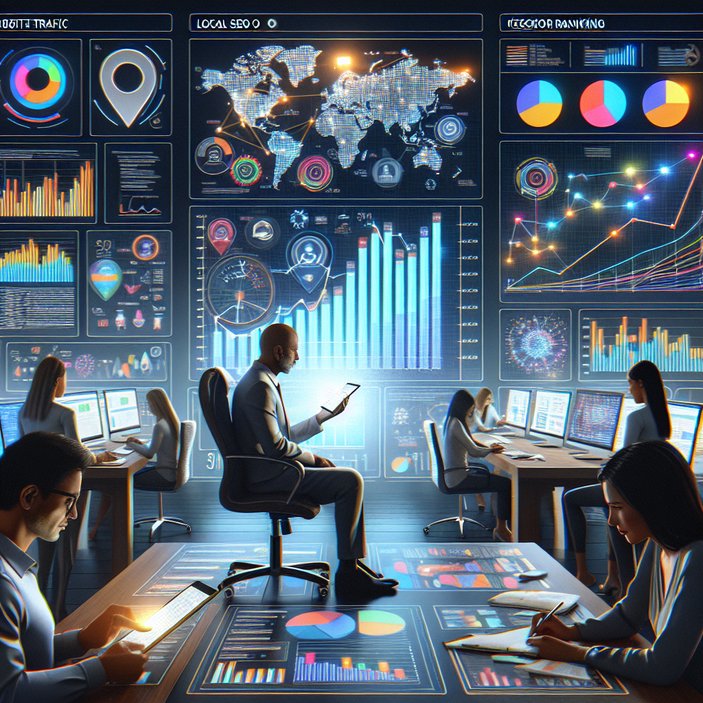 Detailed visualization of local SEO analytics on a digital screen. An array of multicolored graphs, charts, and maps representing website traffic, backlinks, keyword ranking, etc. surrounds a large central graph that shows a steady upward trend. Interacting with the display is a South Asian man, a knowledgeable SEO professional, holding a tablet and examining the data with a confident, determined expression. Nearby, a Hispanic woman, an insightful data analyst, jots down notes, indicating areas for improvement. And in the background, there's a hint of a well-organized, buzzing digital marketing office.