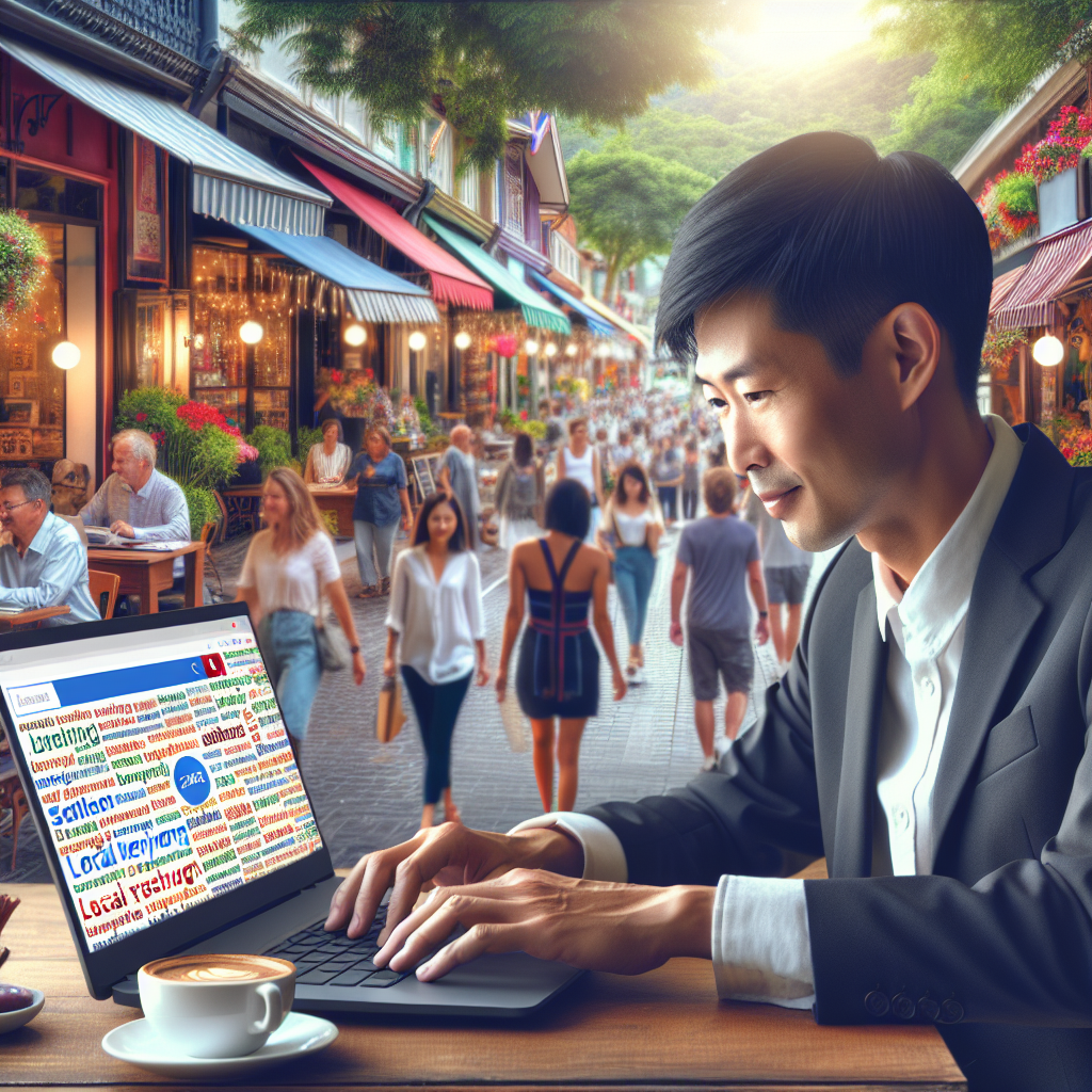 Imagine a bright, well-lit setting with several small businesses lining a picturesque street. In the foreground, an Asian male business owner proactively working on his laptop. Focus on his screen showing a variety of colorful keywords and phrases intermixed with local aspects such as landmarks and popular local events. A large red banner at the top of his screen reads 'Local Keyword Research'. In the background, diverse customers of different descents and gender are seen visiting the small businesses. This scene captures the essence of the topic, 'Local Keyword Research: Essential, Effortless Strategy for Small Businesses'.