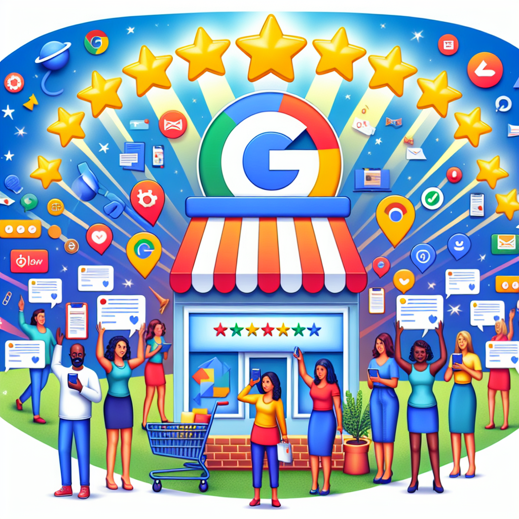 Imagine a detailed, colorful illustration that depicts the concept of local business assessments, primarily focusing on Google Reviews and their importance as part of a search engine optimization strategy. In the center, a symbolic representation of a local shop, with the Google logo prominently displayed on it, signifying its online presence. A variety of ethnically diverse and gender-inclusive customers are enthusiastically posting reviews on their smartphones, laptops, and tablets. Each review transforms into a light beam propelling the shop upwards, symbolizing improved search rankings. There should also be various SEO related icons floating around, indicating the different strategies applied.