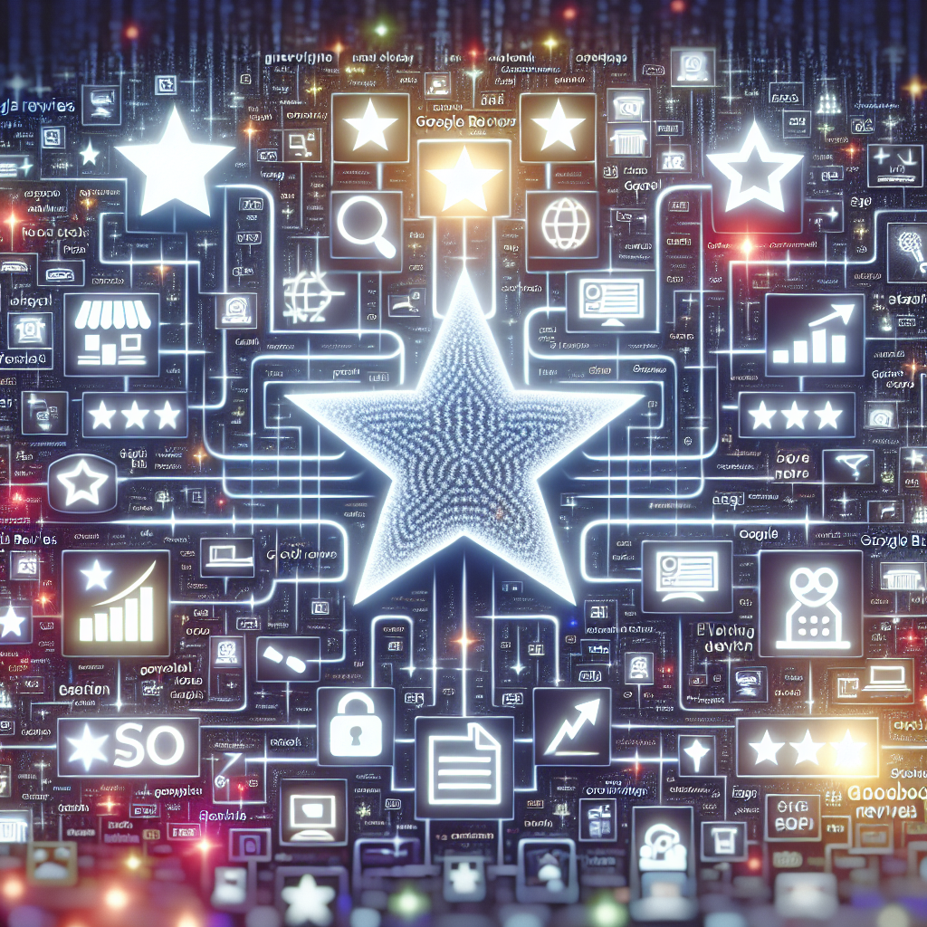 A visual representation of essential and effortless Google reviews SEO Strategy for local businesses. This could include an intricate web of SEO keywords interlaced with various kinds of local business icons (such as a miniature shop, cafe, bookstore, and restaurant), all bathed in a soft glow of computer code. The centerpiece of the image is a large star rating, symbolizing Google reviews, surrounded by abstract metaphors of elevating SEO rankings. The background might show a graphical depiction of increased web traffic, represented by various arrows pointing upward.