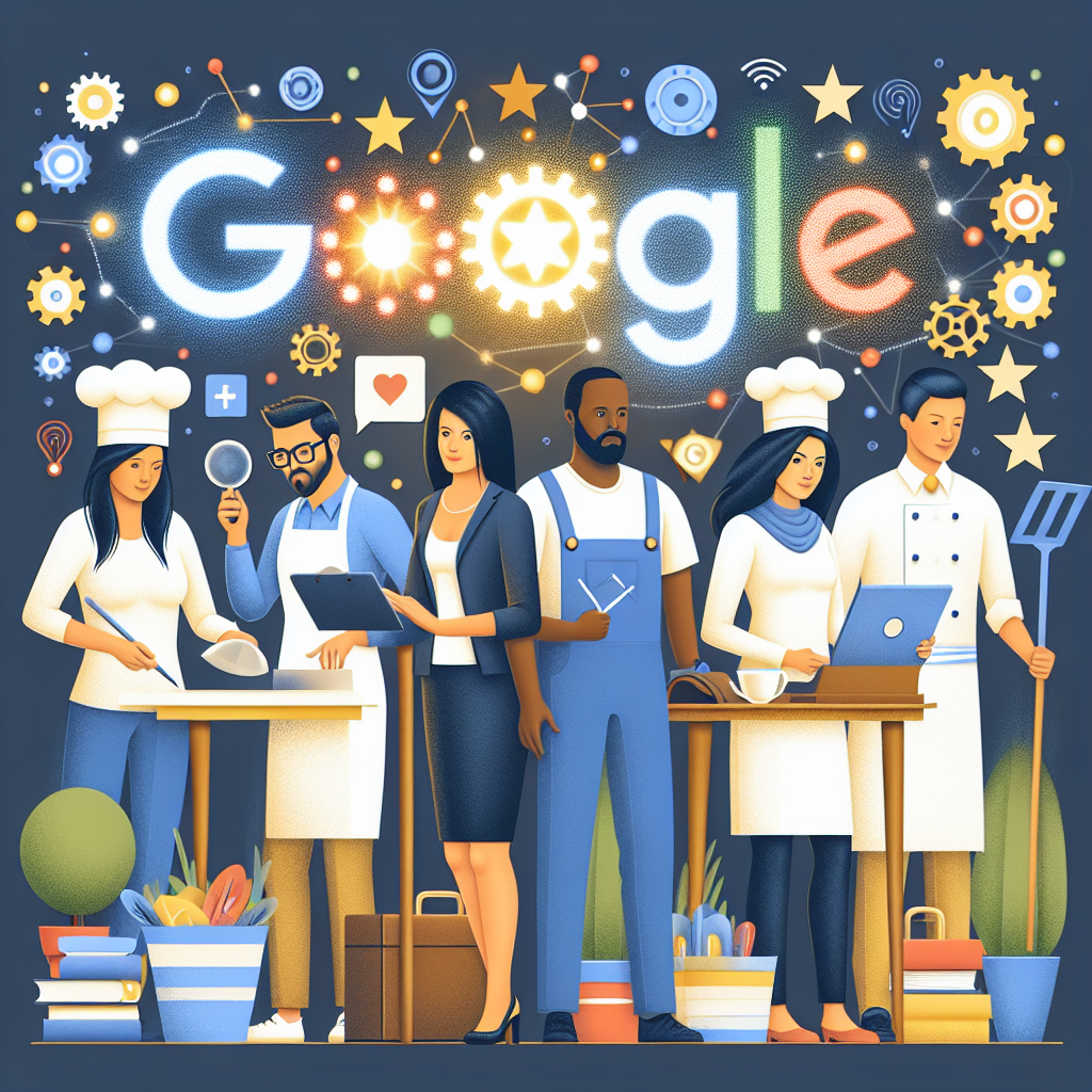 Design an image featuring a diverse group of entrepreneurs. This group consists of a Caucasian man, a Hispanic woman, a Black man and a Middle-Eastern woman. They are all busy with their roles contributing to local businesses. The Caucasian man is managing a coffee shop, the Hispanic woman is proprietor of a boutique, the Black man is chef at a restaurant and the Middle-Eastern woman runs a bookstore. Above them, a large Google logo made of glowing digital bits is illuminating them, showcasing an abstract representation of Google Reviews, with SEO-related symbols and gears working in harmony. Graphic elements should evoke a sense of seamless integration and essential strategy in the digital world.