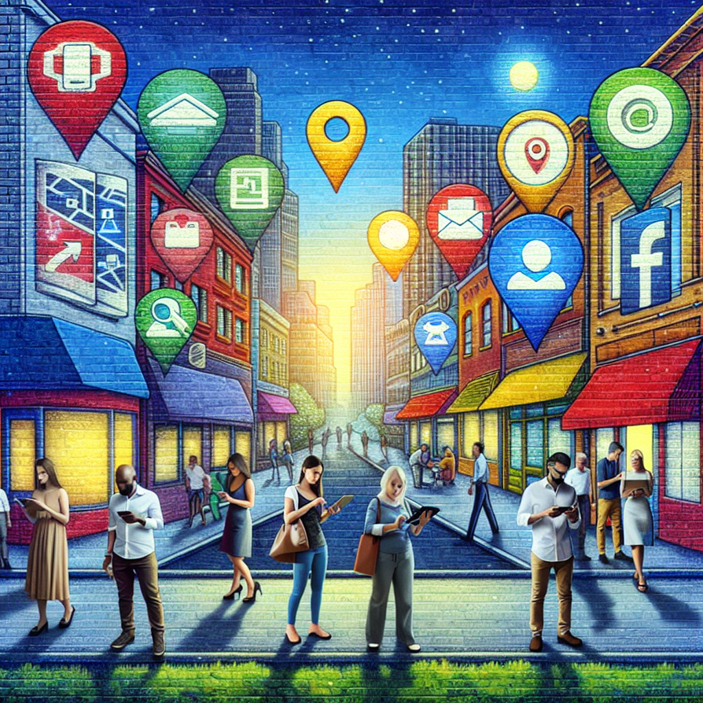 A detailed scene of an urban downtown environment where various small businesses are thriving. Painted on a colourful mural wall, a visual representation of local citations, with symbols like address books, directory entries, and glowing map pins. Several people of different genders and descents are seen interacting with the mural, some using their smartphones or laptops, suggesting the effortless process of maintaining these business listings. The overall atmosphere of the image should suggest the mastery and success achieved through such strategies.