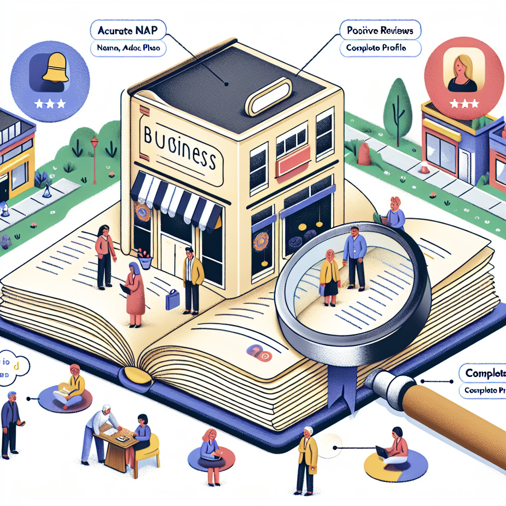 An illustrated visualization demonstrating the important aspects of local citations for business success. Depict a small business, possibly a quaint café or boutique in a bustling city area. Show a group of diverse individuals comprising different genders and descents, possibly the business owners and employees, working together in the café. Beside, create an oversized, symbolic image of business directory listings, like an open book with a magnifying glass over it, inspecting the café's details. Around this image, illustrate the different steps that lead to successful local citations - accurate NAP (name, address, phone), positive reviews, and complete profile.