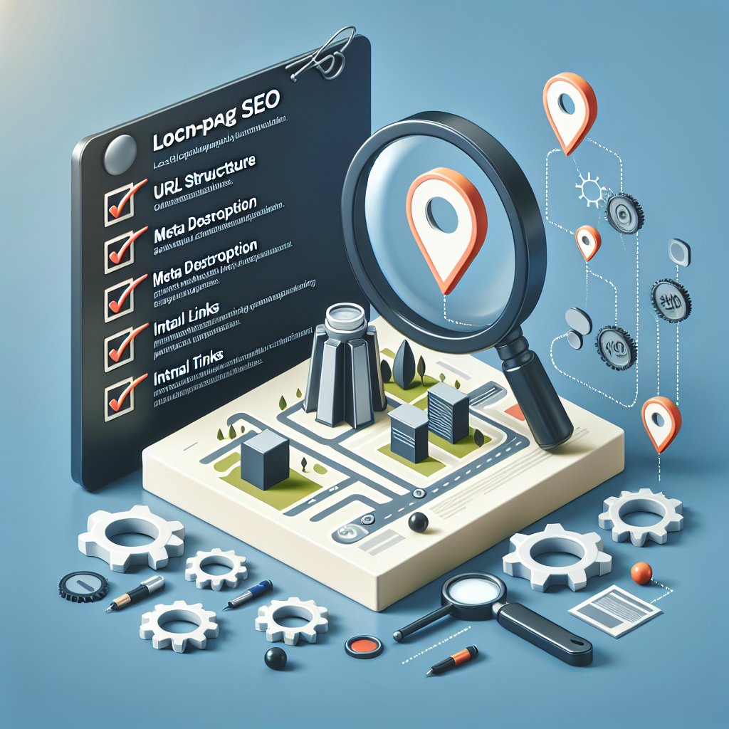 A visual representation of local on-page SEO optimization, featuring key aspects, such as a magnifying glass hovering above a map pinpointing local businesses, a minimalist representation of a website with highlighted SEO indicators like keywords and metadata, an array of gears symbolizing the optimization process. Lastly, a checklist in a corner includes terms such as 'URL structure', 'meta description', 'relevant keywords', and 'internal links', signifying must-have tips for effortless optimization.