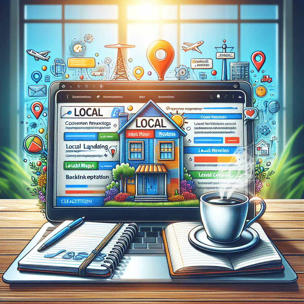 Create a detailed image of a laptop on a wooden table, with a colorful webpage displayed on its screen that showcases local landing pages. Include icons for Google Maps, reviews, and locally relevant content. Beside the laptop, depict a notebook with handwritten SEO strategies such as 'local keywords', 'content optimization', and 'backlink creation'. Also, add a cup of steaming coffee as a symbol of effortlessness. Show a bright daylight filtering from a window in the background, symbolizing the growth and visibility that comes with effective SEO strategy.