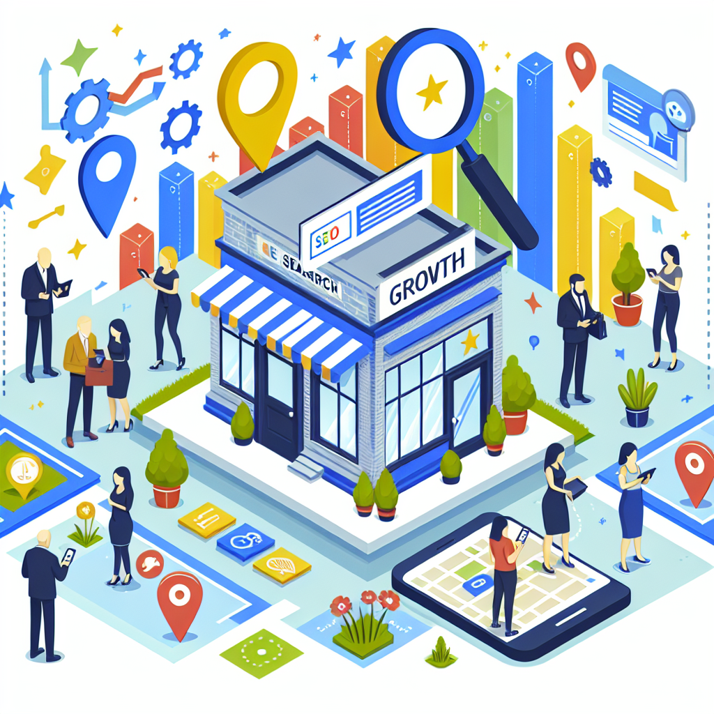 Illustrate an image representing the concept of mobile local search engine optimization (SEO). Depict a small storefront with a 'Growth' sign on top. A diverse group of people around the store, each holding their mobile devices and looking at local search results on a map, showing various small businesses in the vicinity. Incorporate SEO icons and symbols such as magnifying glass, local map pins, and keywords. Further, project energetic colors denoting optimism and growth in the context of modern technology's influence on small businesses. Ensure a balance between detail and simplicity to retain lucidity.
