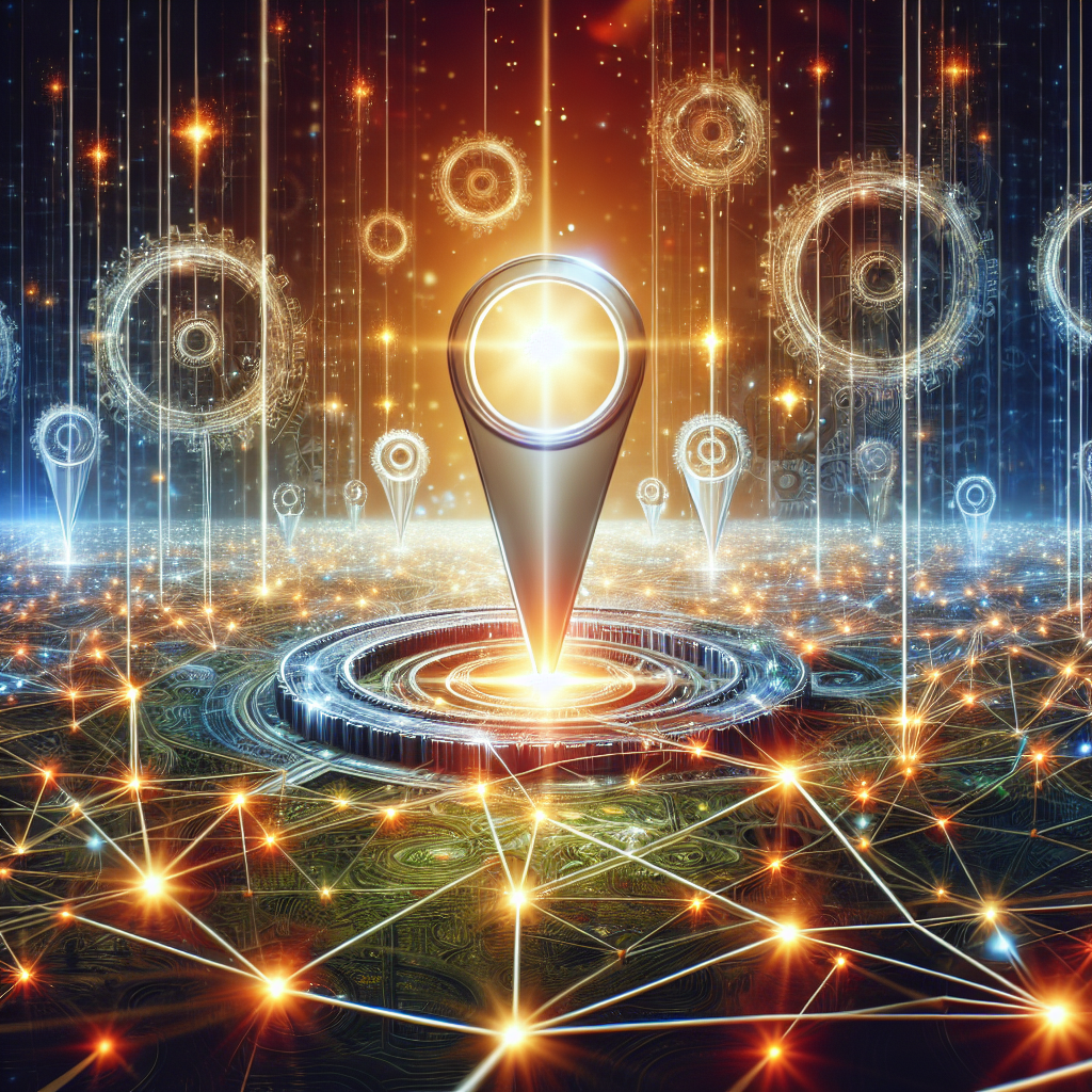 Picture the scene of a beautiful interconnected web, symbolizing local backlinks within a digital landscape. Ropes of light form intricate connections against a backdrop of rapidly spinning gears, representative of search engine algorithms. In the center, a glowing node signifies the main website, surrounded by smaller nodes representing high-quality backlinks. The atmosphere is vibrant and dynamic, showcasing the effortless operations of SEO strategies. There are metaphorical mechanisms like arrows pointing upwards, signifying increased rankings and traffic flow. In the distance, bright stars are seen, symbolizing the potential growth and success of the website.