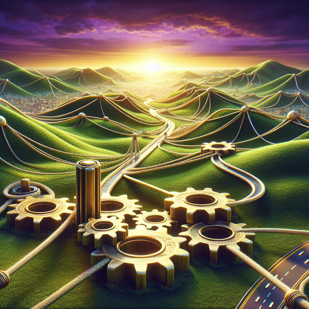 A detailed landscape showing intertwined strings forming a complex network representing backlinks, on a verdant background symbolizing the local aspect. A series of skillfully carved, gold-colored gears and cogs working seamlessly together standout, illustrating effortless SEO strategies. At the foreground, a magnified street map with highlighted pathways encapsulates the concept of local backlinks. On the horizon, a sunrise bathed in purples and oranges, showing the ongoing progressing and the dawning of new strategies and methods in SEO tactics.