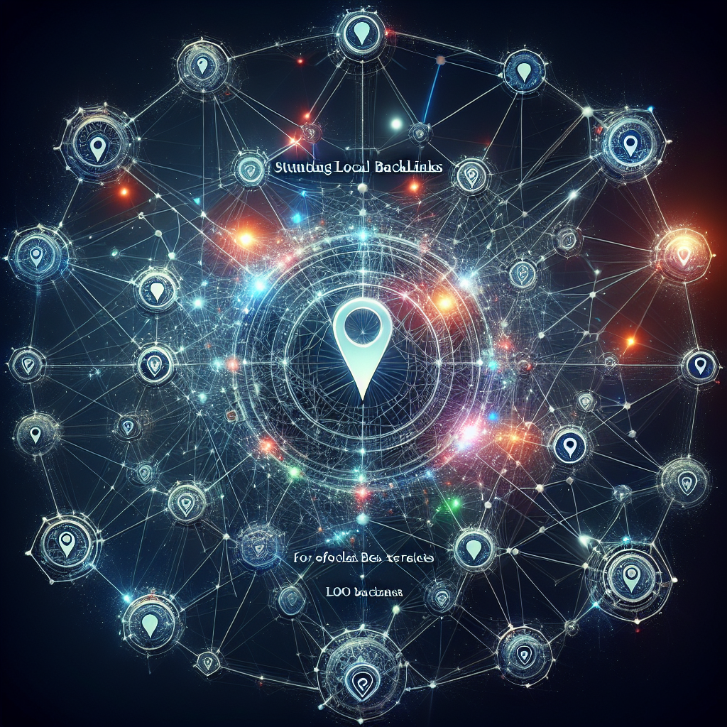 Visual representation of stunning local backlinks in the digital world. Picture a complex web with a central node, symbolizing a local business SEO, surrounded by interconnected nodes, representing different websites. These interconnections should symbolize high-quality backlinks, crucial factors for effortless SEO strategies. The colors used should evoke trust and reliability. The overall picture should communicate the concept of connectivity and the importance of local SEO strategies. Any text in the image should be minimal, only enough to reinforce the represented concept.