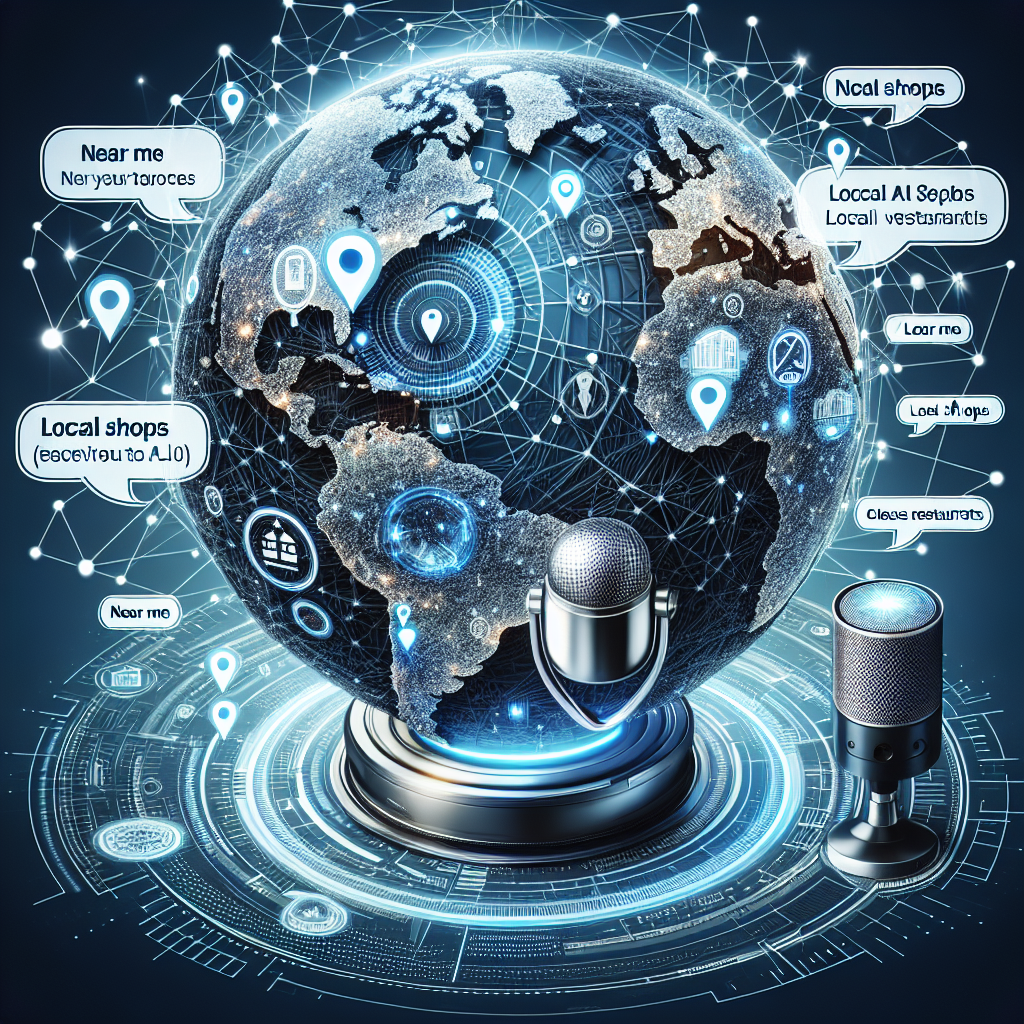 Imagine a detailed digital illustration representing the concept of Voice Search Local SEO. In the center, illustrate an intricately designed globe, represent various cities with pinpoint markers. Below the globe, a modern futuristic device, like a smartphone or an AI speaker, receiving vocal commands in different languages. Possible command phrases could appear as bubbled texts floating from the device towards the globe, with phrases like 'Near me', 'Local shops', 'Closest restaurants'. Surrounding this scenery, incorporate the imagery of interconnected nodes that symbolize internet and SEO. The overall tone of the image should be highly technical and technological.