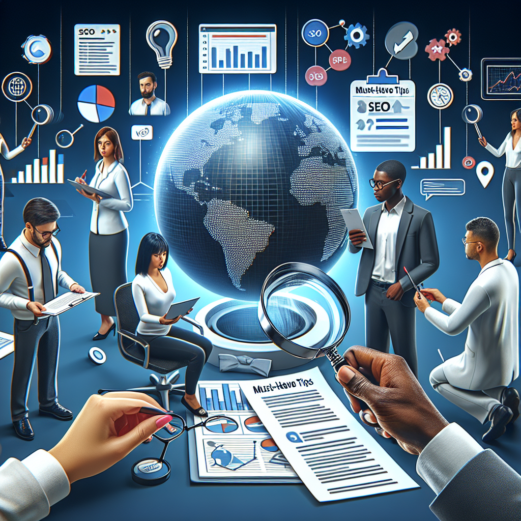 Envision an informative scene about local SEO analytics. Picture a variety of professionals, such as a Middle-Eastern female analyst examining a magnifying glass over a world globe with SEO-related keywords emanating from it. Beside her, a Black male colleague holding a checklist titled 'Must-Have Tips'. Contextual data, like graphs, flowcharts, and maps displaying local website rankings, strategically spread over their desk. A computer screen reveals a SEO software with local ranking stats. This scene encapsulates the process of tracking and analyzing local SEO rankings.