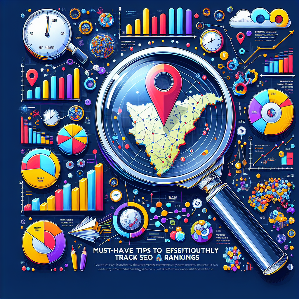 A detailed and colorful image that represents the concept of Local SEO Analytics. The image should feature a large magnifying glass in the center, focusing on a map that represents local areas. Around the map, there should be several bar graphs, pie charts, and other data visualizations that are used in SEO tracking. Sprinkled throughout the image, there should also be small illustrations representing important SEO elements like keywords, backlinks, and website traffic. On top of the image, the text 'Must-Have Tips to Effortlessly Track Rankings' is displayed in bold, eye-catching letters.
