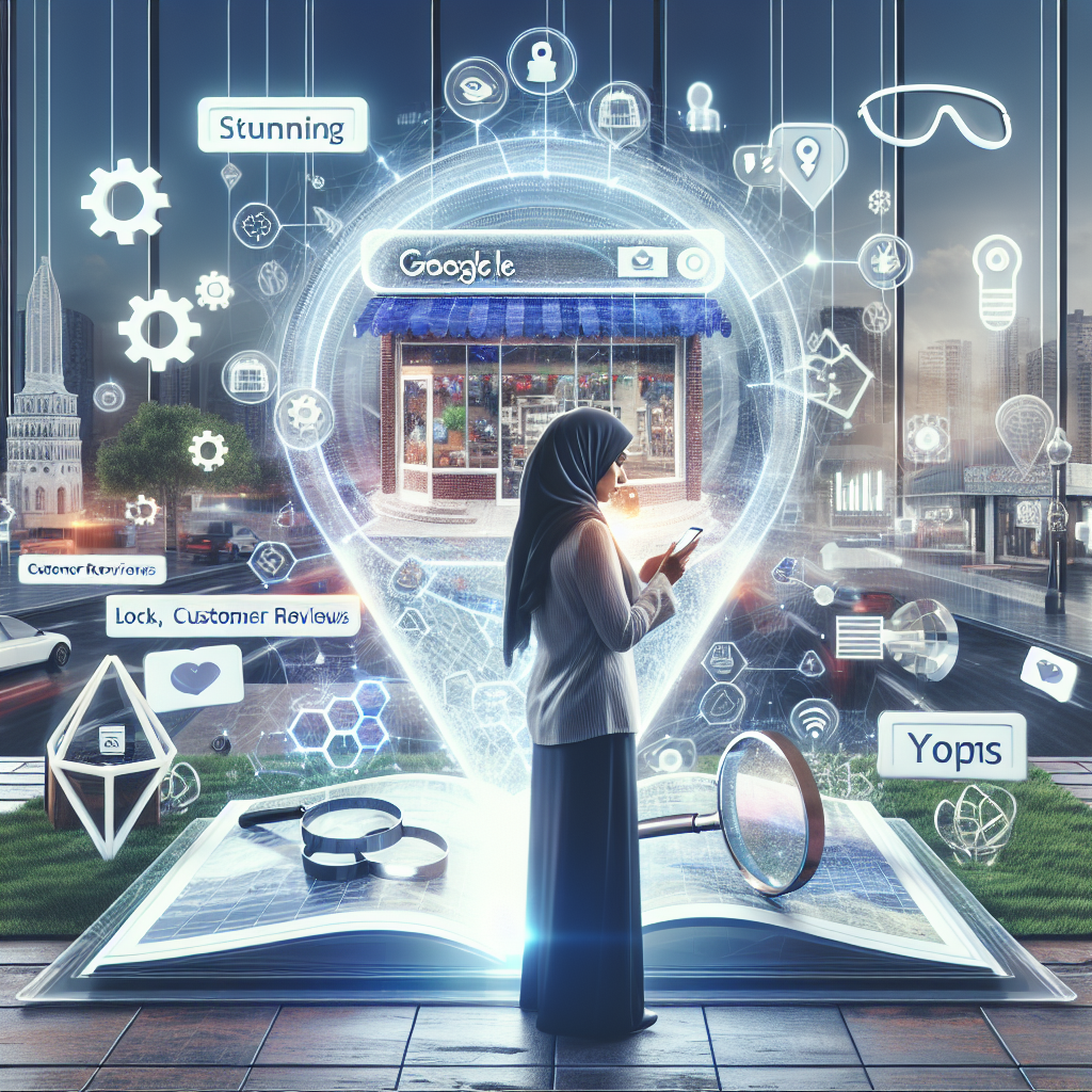 Imagine a conceptual illustration showcasing a business owner, who is a Middle-Eastern woman, optimizing her Google Business Profile on a large, transparent futuristic digital screen. She is at her local store, surrounded by icons and symbols representing SEO strategy, like magnifying glasses, gears, and graphs. The digital screen shows various images such as her business' storefront, customer reviews, and location map. Hints of local monuments or recognizable features linger in the background. Overlay some 3D tags on the image, labeling stunning tips for optimization. Overall, the atmosphere is dynamic and encouraging.