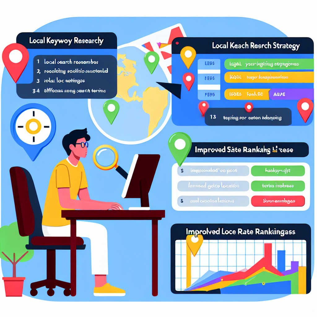 An illustration showcasing a step-by-step process for local keyword research strategy for effective local SEO. It includes a depiction of a person sitting at a desk looking at a computer screen, a keyword-list representing local search terms suggested by various research tools, color-coded pins representing different geographic locations on a large map, and graphical representations of improved site rankings and traffic increase. The person can be Asian descent and male, displaying keen attention to the multicolored graphs and charts on his computer screen. Another corner should depict a direct correlation between the implemented local keywords and the rising position of a website on a phantom search engine results page.