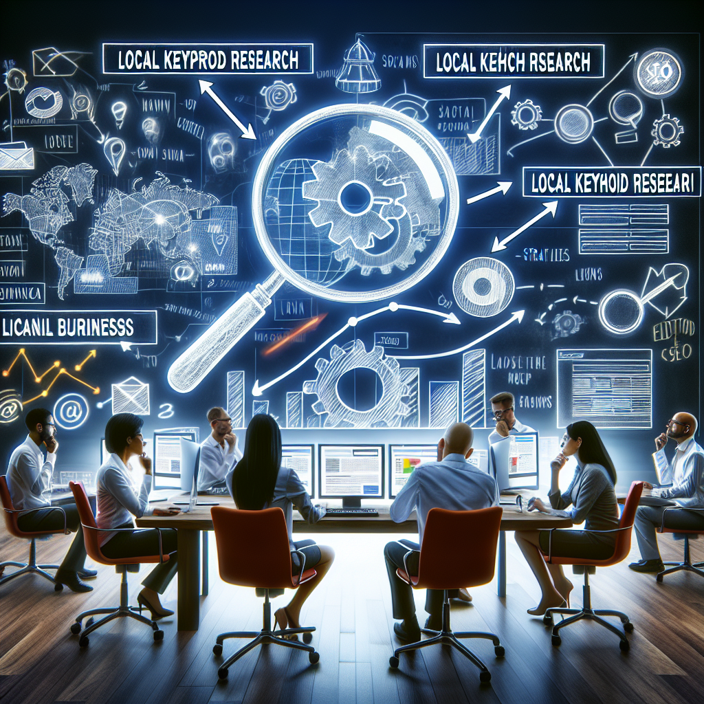 Visualize a digital marketing strategy diagram in progress, with special emphasis on 'Local Keyword Research'. Imagine a big close-up of a virtual whiteboard filled with SEO related notes and keywords, arrows connecting different strategies, and a drawn magnifying glass over the phrase 'Local Keyword Research'. There are diverse team of SEO professionals, a South Asian woman and a Hispanic man, deeply discussing the strategies displayed. In the corner, a computer screen can be seen displaying a search engine page, filled with local business rankings.