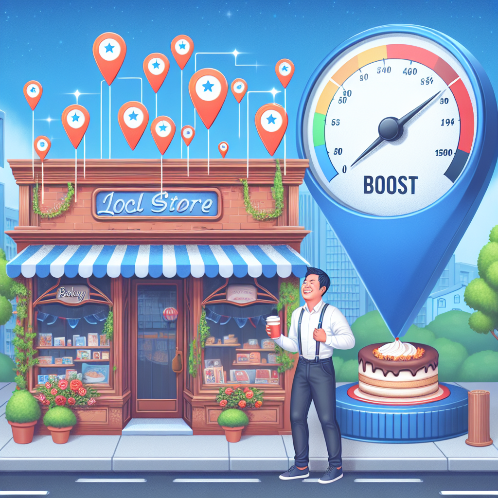 Enable the creation of a visual metaphor image that encapsulates the essence of a business' online presence gaining traction and visibility due to local citations. Picture a vivid scene where a physical store (potential depictions include a bakery, bookshop, or fashion boutique) is being highlighted by multiple location markers on a map, symbolizing local listings. Also, display a gauge or meter showing a boost, indicating the strengthening of the business' online presence. A happy store owner, an Asian man, is standing outside the shop looking excitedly at the boost meter.