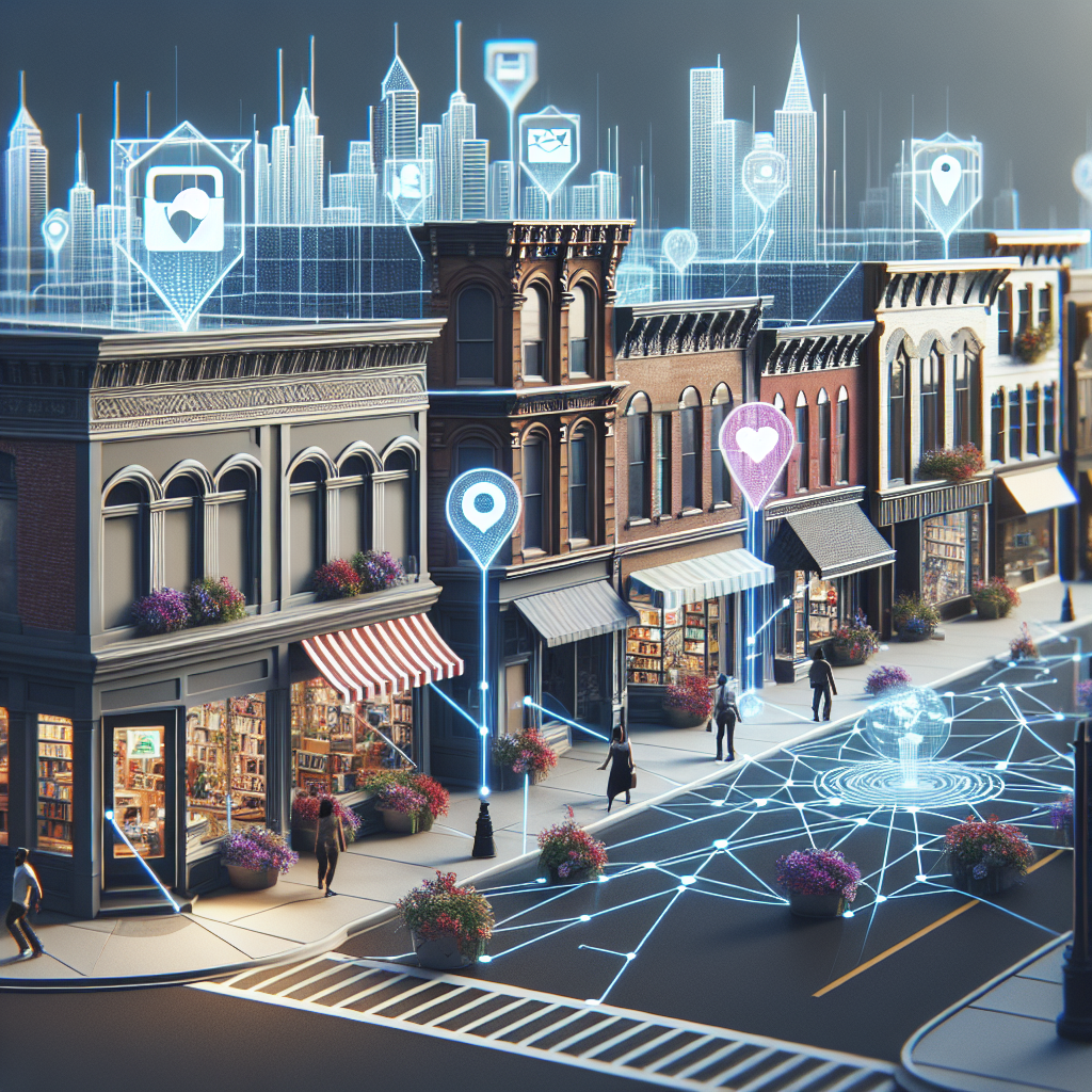 Visualize a contemporary cityscape with both virtual and physical elements to illustrate local business citations. Imagine traditional physical stores, represented by a row of diverse small businesses on a lively street. These businesses include a Middle-Eastern male running a bookstore, a Hispanic female at a flower shop, and a Black man at a vinyl record store. Overlay this bustling street scene with holographic elevations of popular online listings platforms, like maps and review sites, linking them to the physical stores. Include dotted lines or arrows from these online platforms connecting to the physical businesses signifying the connection between online presence and physical location for business success.