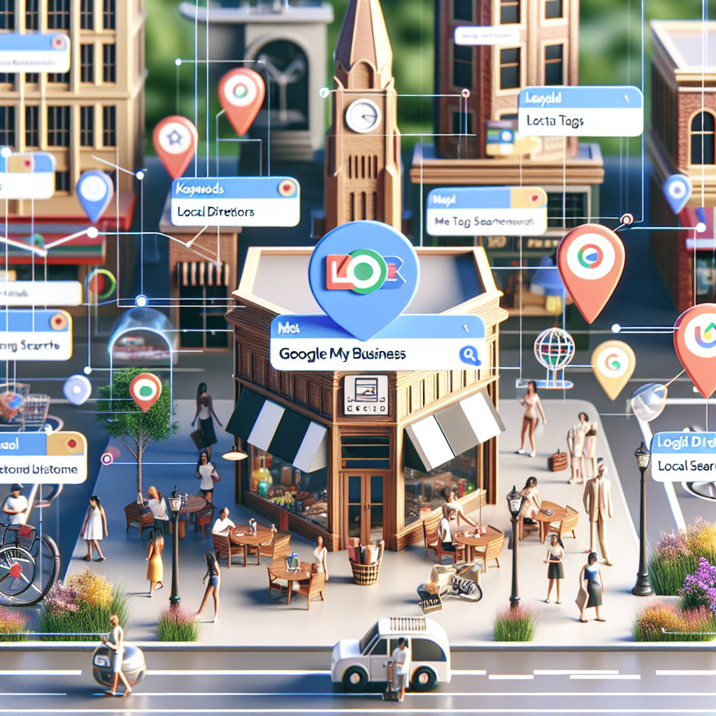 Render a detailed image illustrating the concept of Local On-Page Search Engine Optimization. The scene should consist of various local landmarks and businesses with digital screens displaying SEO-related terms like 'Keywords', 'Meta Tags', 'Local Directories', and 'Google My Business'. Include a blend of typical local business types, such as a Middle-Eastern woman running a cafe, a Hispanic man operating a clothing store, and a South Asian woman managing a bookstore. The scene should visually narrate the story of the businesses improving their online presence for better local search ranking.