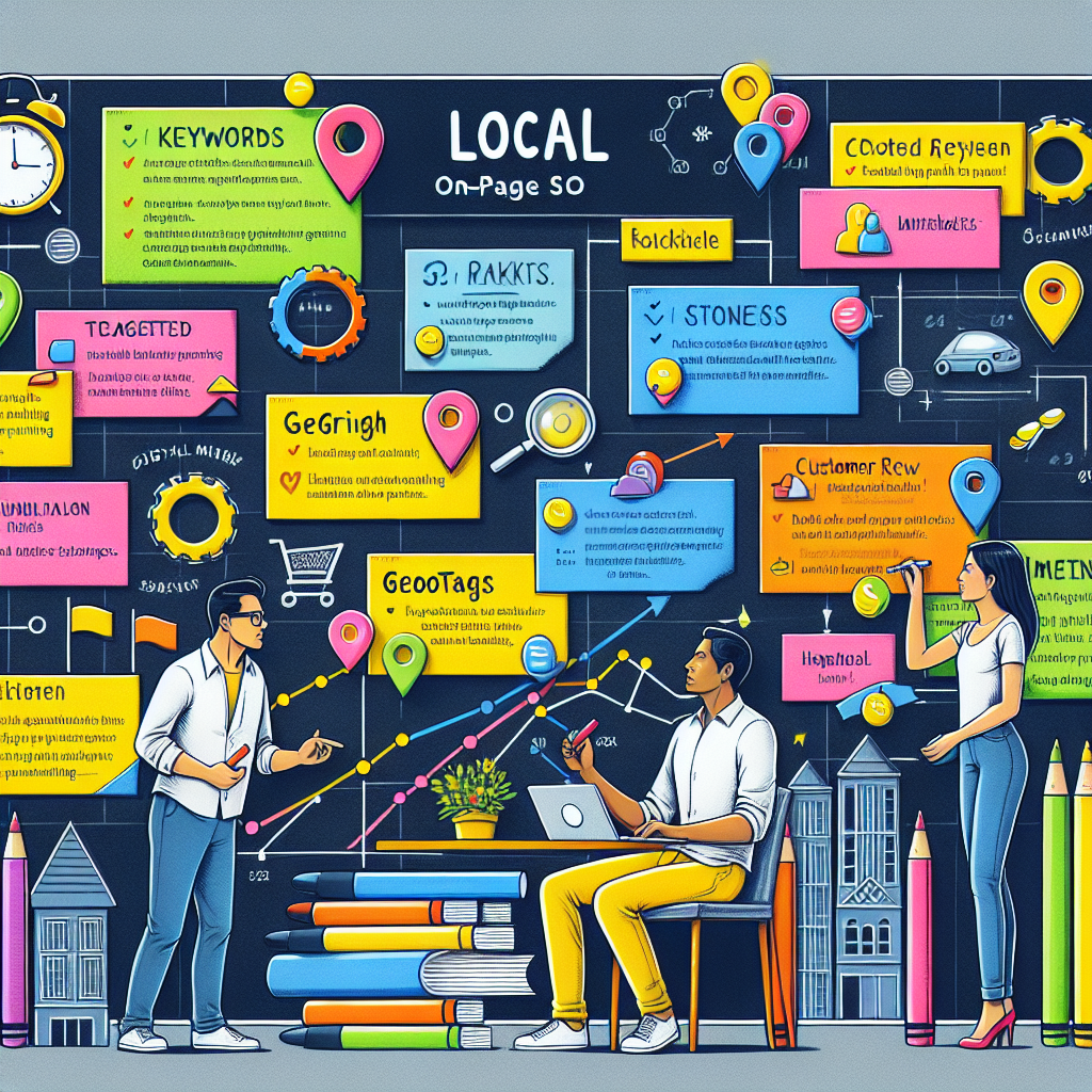 Illustrate a detailed digital marketing strategy board featuring colored sticky notes and markers, with focus on Local On-Page SEO pointers. Illustrate a variety of techniques such as the use of targeted keywords, geotags, backlinks, and customer reviews. Include a diverse group of digital marketers, a South Asian man and a Hispanic woman, actively discussing and putting these tips into practice. Make sure the visual narrative conveys the benefits of these techniques for effortless local ranking. The background should contain subtle elements symbolizing local businesses, such as small storefronts or local landmarks.