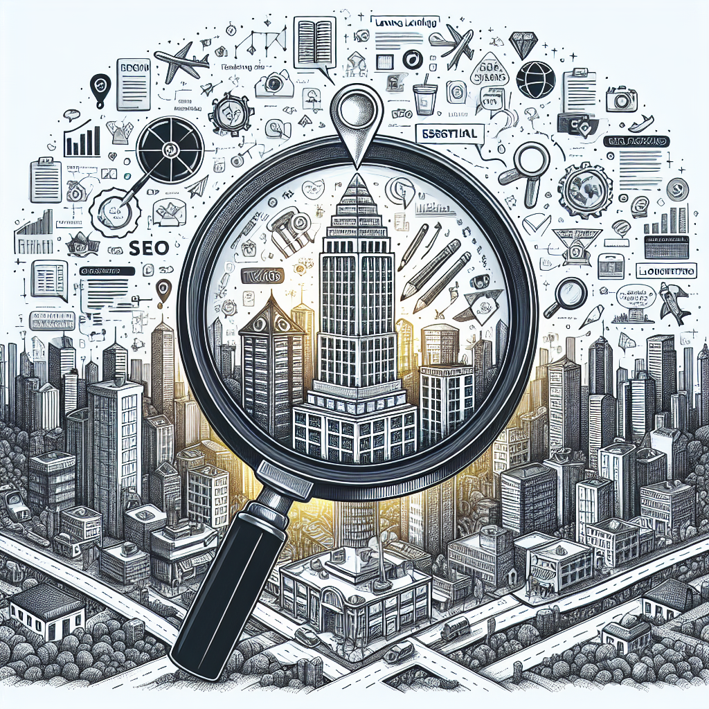 A detailed cityscape, created with intricate linework to depict towering buildings and bustling streets. Above the city, a giant, magnifying glass is focusing on an area, highlighting a localized business in the center. The magnified section shows a successful booming business with incandescent customer traffic. Surrounding the magnifying glass, in the sky, form a collage of related SEO icons like tags, keywords, and search bars. On a side of the image, there is a detailed book titled 'Essential City SEO Tips', with open pages that contain bullet points of effortless strategies for Local Landing Pages SEO.