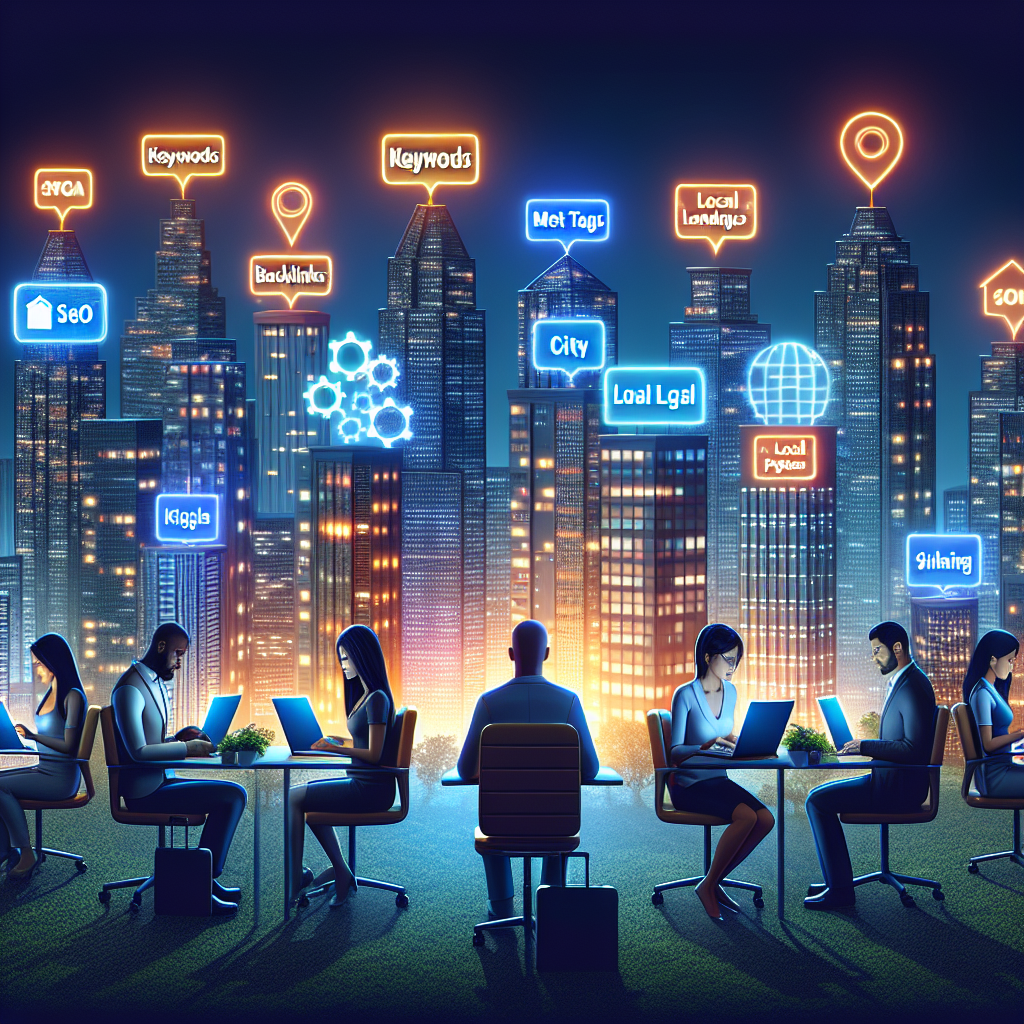 Illustrate a digital cityscape at dusk where skyscrapers are adorned with glowing SEO-related signs such as 'keywords', 'meta tags', 'backlinks', 'local landing pages', and 'city SEO'. The various buildings represent numerous cities, each highlighting another important aspect of local SEO. On the foreground, a diverse group of professionals - a black male SEO strategist, a Hispanic female web developer, a South Asian male content writer, and a Caucasian female digital marketer - are intently working on their laptops, symbolizing their collective effort to improve local SEO.