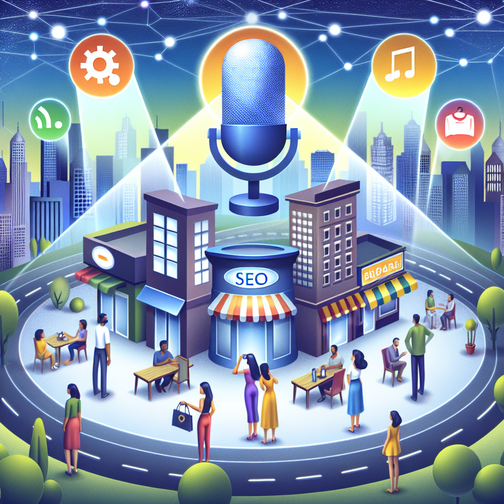 Imagine a stylized depiction of a cityscape, filled with various local businesses such as a small cafe, a bookstore, and a garment store. Interspersed within this cityscape, show iconic Search Engine Optimization (SEO) symbols. In the sky above, a gargantuan voice command icon radiates beams of light towards these businesses, illustrating the concept of voice search. Nearby, a group of diverse individuals, such as an Asian woman and a black man, are seen effortlessly adjusting these beams, representing the effortless optimization of local SEO.