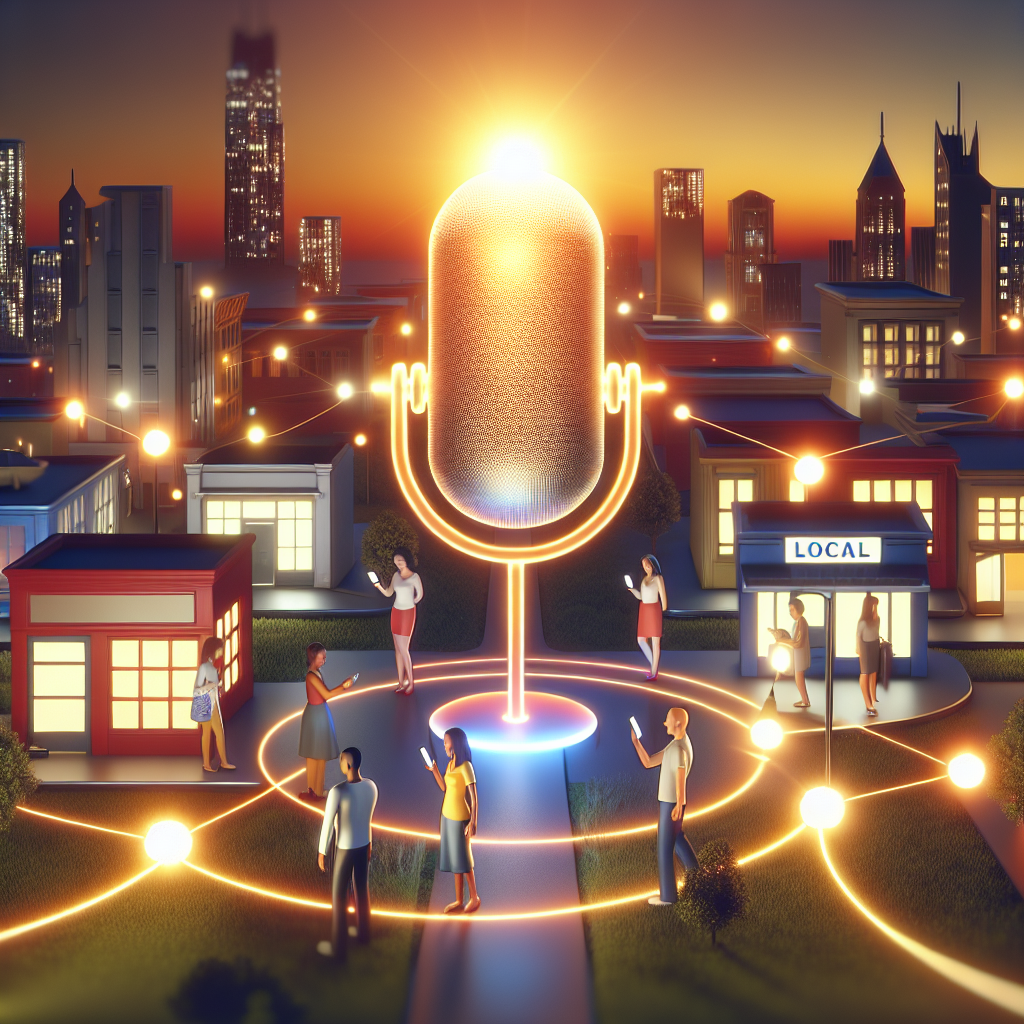 Visualize a small, modern cityscape with iconic buildings and local shops, illuminated by the warm glow of sunset. In the heart of the scene, a large, glowing, 3D symbol of a microphone hovers, drawing a connection between local businesses and digital technology. There are multicultural individuals of different genders interacting with their smartphones, indicative of voice search technology. They display contentment and ease in their expressions and postures, symbolizing the 'effortless' notion of Optimization. The concept of SEO is represented by streams of light connecting the people, their phones, and the local businesses.