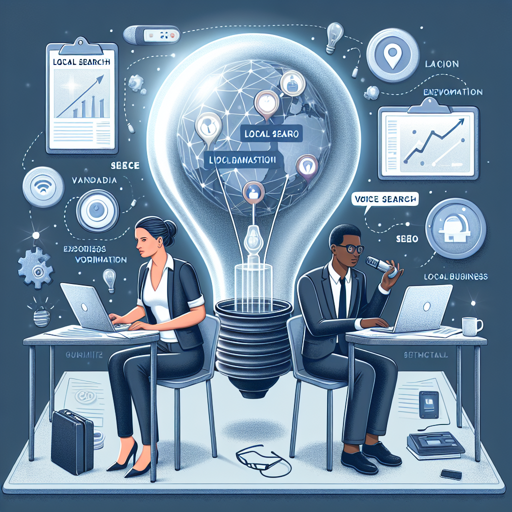 Illustrate a detailed scene of a professional setting involving a Caucasian woman and a Black man both appearing to be local SEO experts. They are heartily immersed in their tasks, surrounding by various tools that signify their work (e.g., laptop screens displaying data analytics charts, a whiteboard filled with SEO strategies, voice-assistant devices, and a map pinpointing local business locations). Over their workspace, create the illusion of a transparent, oversized bulb which casts a soft glow and embeds the text 'Voice Search Local SEO: Essential Tips for Effortless Optimization' within it.