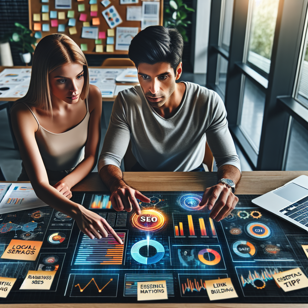 Picture a scene in a modern office space where two young professionals, a White female and a Middle-Eastern male, are huddled over a laptop discussing strategies for local SEO analytics. The woman points to a vibrant, complex analytics dashboard displayed on the screen, emphasizing metrics like rankings and success measurements. Surrounding them are charts, post-its with essential tips written on them, and diagrams on a whiteboard. Elements of digital marketing such as keywords, geotagging, and link-building are subtly visualized in the workspace.