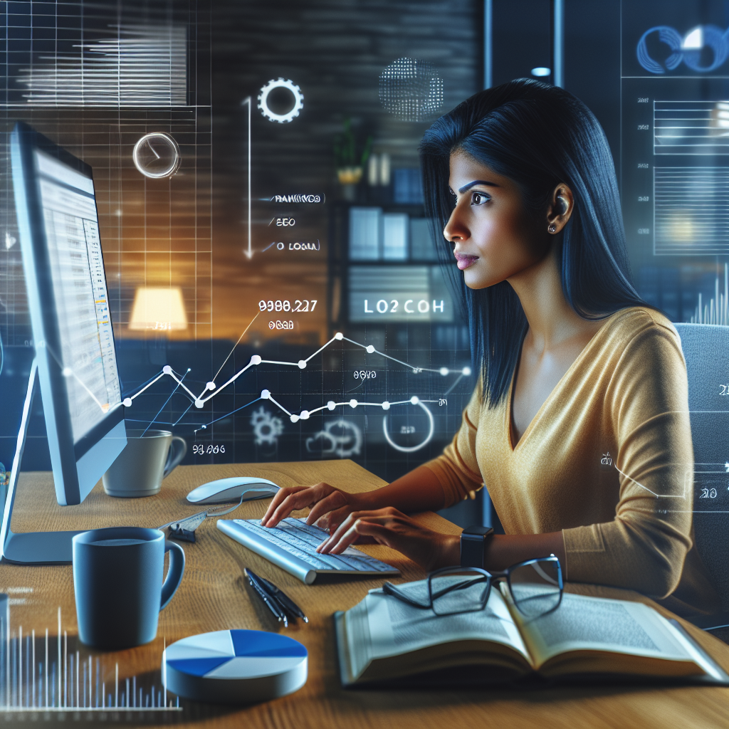 Display a digital marketing professional, a South Asian woman, focused on her computer screen in an office environment. Scatter graphs, charts and other data analytics, along with SEO-related keywords such as 'rankings', 'success', and 'local', are visible on her screen. On a nearby desk, let there be SEO-related books and a hot cup of coffee. The environment looks dynamic yet maintaining a relaxed atmosphere. To indicate the improvement over time, incorporate a line graph on a large screen in the background, showing a consistent upward trend line.