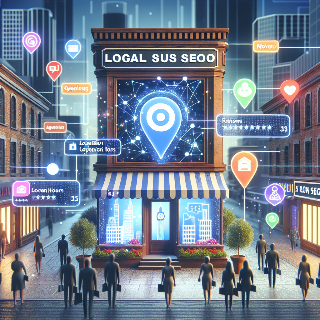 Visualize an abstract concept of local SEO optimization. Picture a traditional physical storefront's sign replaced by digital elements representing a Google Business Profile such as reviews, location tag, opening hours, and photos. The storefront should be nestled between other buildings in a bustling city street, symbolizing local businesses. Show data streams and icons flowing in and out of the digital sign, indicating the online activity and interaction. Consumers of various descents and genders are curiously observing this digital sign transformation, highlighting the impact of digital optimization on local businesses.