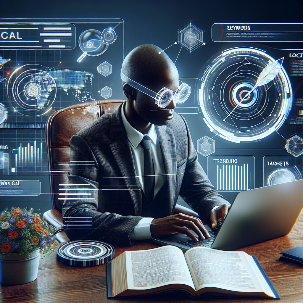 Create an image that illustrates the concept of local keyword research for SEO. This could include, for example, an individual of African descent sitting at a desk with a laptop open, showing an SEO dashboard with various metrics displayed. They're surrounded by digital overlays of keywords, trending graphs, and target maps, symbolizing the local aspect. There should also be a book about SEO tips next to the individual, symbolizing the goal toward effortless success. The overall tone should be professional, digital, and knowledge-driven.